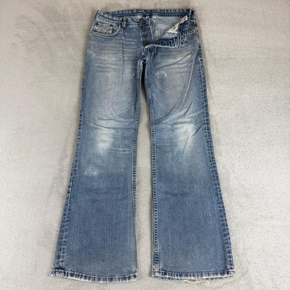 Diesel Zathan Bootcut Jeans Mens 32x32 Blue Denim Button Fly Distressed Italy